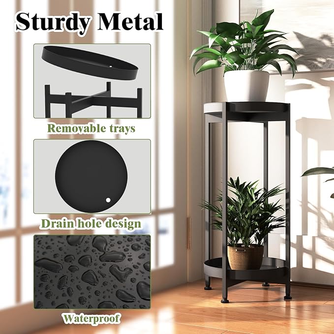 Plant Stand Indoor Outdoor, 2 Tier Indoor Outdoor Plant Stands Metal Flower Stand Heavy Duty Plant Holder Side Table with Large Trays for Living Room Balcony Patio