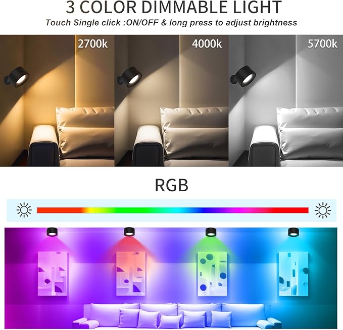 Adetu 2 Pcs LED Wall Mounted Lights, RGB Wall Sconces Lamp with Rechargeable Battery Operated USB Port, 3 Color Temperatures & Dimmable Magnetic 360° Rotation Cordless Light for Bedroom Bedside