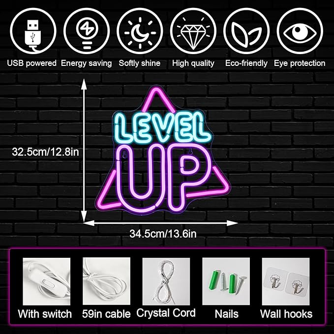 Level Up Neon Sign for Wall Decor, Game Neon Lights Signs, Creative LED Light up Signs with USB Powered for Game Room Zone