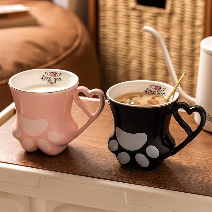 Cat Paw Coffee Mug - Pink and Black Set of 2, Perfect for Cat Lovers, Enjoy Your Coffee with These Cute Cat Paw Mugs, 10oz, Couple&Wedding, Best Festival Gifts(Black&Pink)