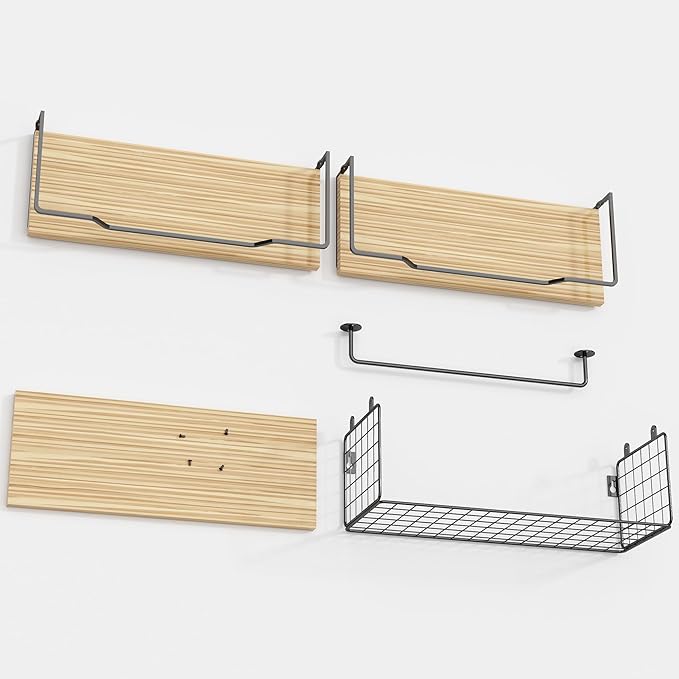 Floating Shelves Wall Mounted,Wood Bathroom Shelf Over Toilet with Paper Storage Basket, Wall Decor Farmhouse Floating Shelf for Bedroom, Living Room, Kitchen,Office (Light Rustic)