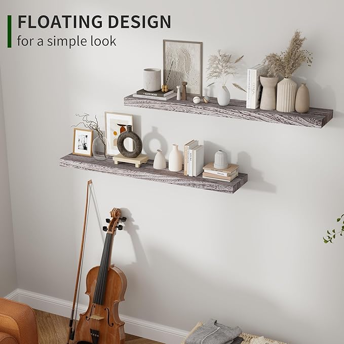 Marsmiles Wood Floating Shelves for Wall Set of 2, 36 Inch Wide Rustic Wooden Floating Shelves, Invisible Wall Mounted Display for Living Room Bedroom Kitchen Bathroom Office, Weathered