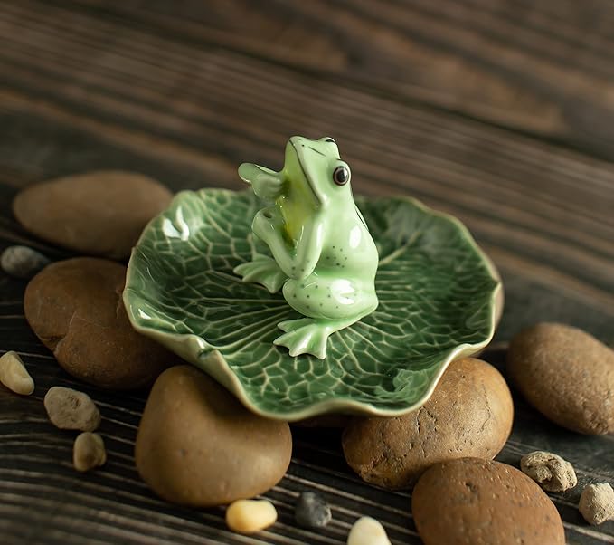 Tiny 2" High Light Green Frog On 4" Wide Lotus Leaf Incense Holder - Ceramic Incense Stick Tray Porcelain Miniature Handmade Animals Figurine Display Cute Mini Colorful Décor Gift