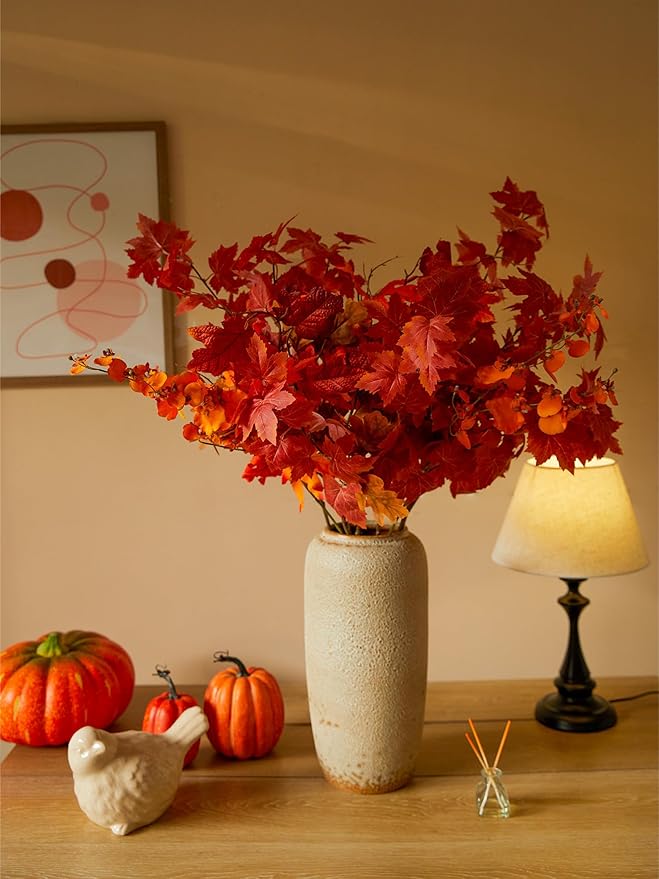 MISSPIN Thanksgiving Decorations 6 PCS Fall Decor Artificial Silk Maple Leaves Branches Set 35.43 Inch Fall Stems Faux Maple Leaves for Wedding Bouquet Table Centerpieces