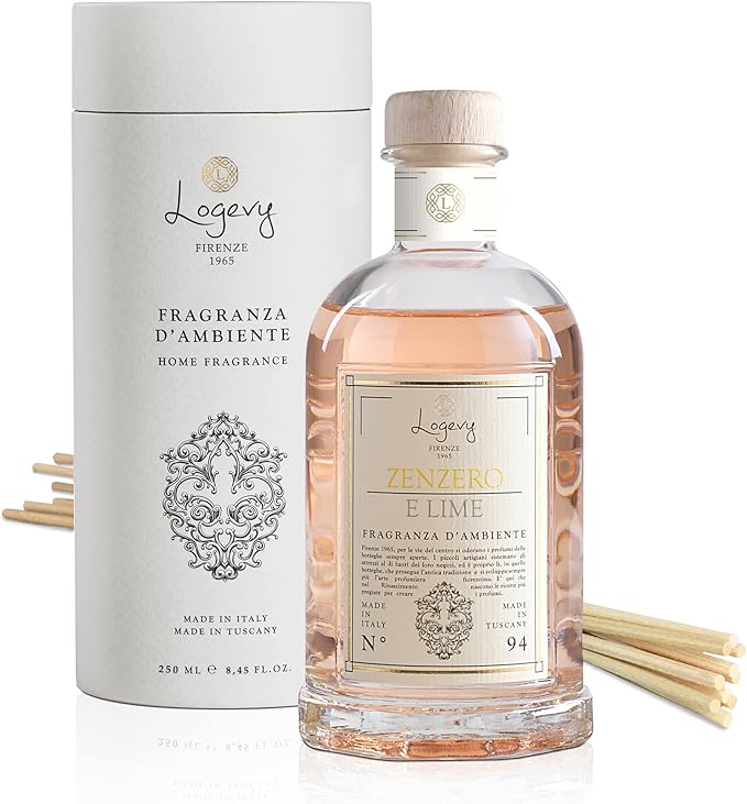 Logevy Firenze 1965 Zenzero e Lime – Ginger & Lime Luxury Home Fragrance Diffuser from Master Perfumer with Spicy, Floral & Fruity Notes in Elegant Glass Bottle with 10 Natural Bamboo Reeds –250ml