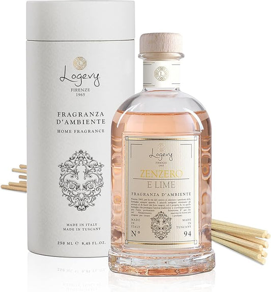 Logevy Firenze 1965 Zenzero e Lime – Ginger & Lime Luxury Home Fragrance Diffuser from Master Perfumer with Spicy, Floral & Fruity Notes in Elegant Glass Bottle with 10 Natural Bamboo Reeds –250ml