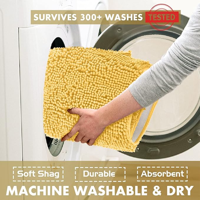 Bathroom Rugs Sets 2 Piece, Luxury Chenille Bath Mat Set, Soft Plush Anti-Slip Bath Rug + U-Shaped Toilet Mat. Microfiber Shaggy Carpet, Super Absorbent (24” x 36” & 20” x 24” U, Yellow)
