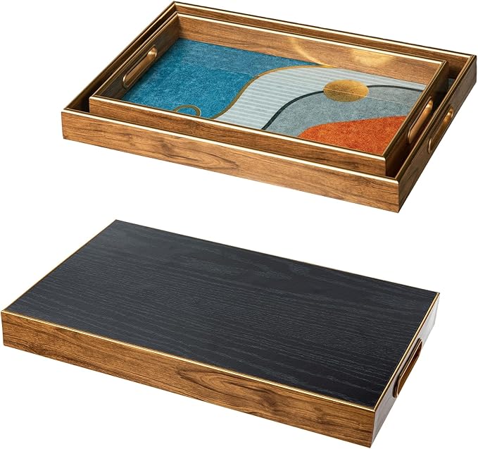 Glitzhome Serving Tray with Handles, Set of 2 Rectangle Wooden & Plastic Abstract Decorative Trays Storage Tray for Living Room Ottoman Coffee Table Parties Supplies, 17.5" x12.5" and 15.75" x 9.75"