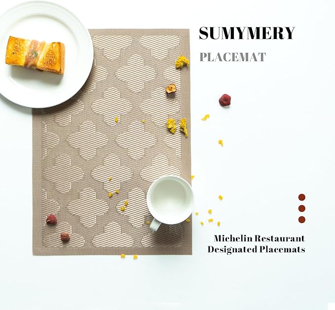 Placemats Set of 4 Vinyl/Plastic Woven Place Mats for Kitchen Table Indoor/Outdoor Washable Placemat Wipeable Dining Table Mats (Dark Brown Clover,4)
