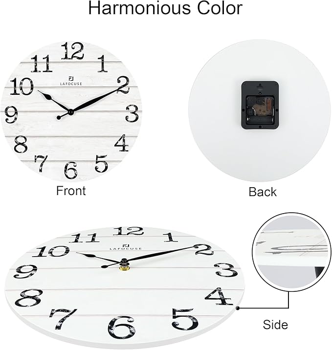 Lafocuse 12 Inch Silent White Wall Clocks for Kitchen Living Room Decor, Wooden Rustic Wall Clock Battery Operated, Decorative Farmhouse Clock