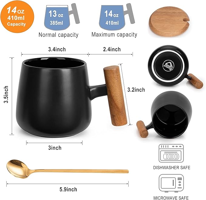 Ceramic 14 Oz Coffee Mug, Tea Cup for Office and Home, Coffee Cup with Lid and Spoon, Birthday Gifts, House Warming Presents for New Home, 1 Pack (Black)