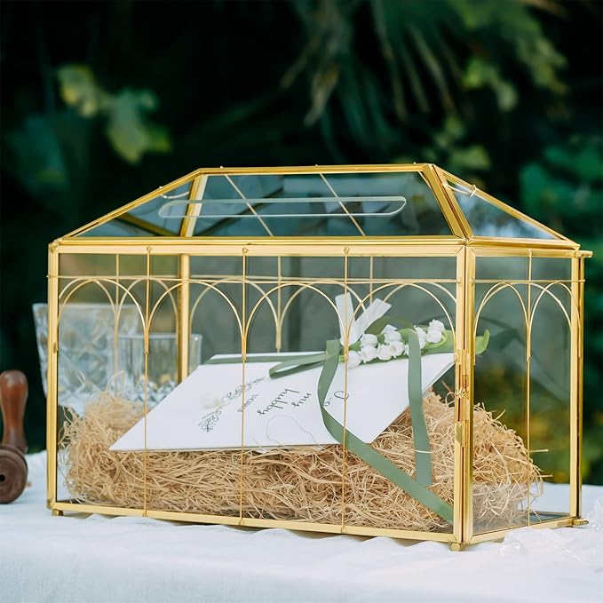 NCYP Glass Cards Box with Slot and Lock for Wedding - 12.6" x 5.9" x 9" Geometric Vintage Envelops Wishwell Card Holder - Tabletop Reception, Birthday Party Decor, Gold (Glass Box Only)