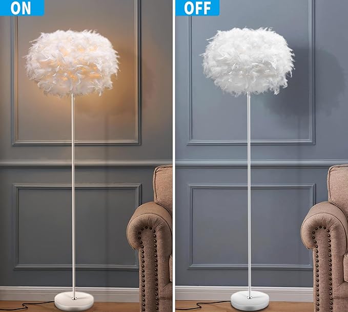 Feather Floor Lamps for Living Room, White Standing Lamp with Foot Switch, Modern Tall Lamp for Bedroom, Dining Room, Office, Corner