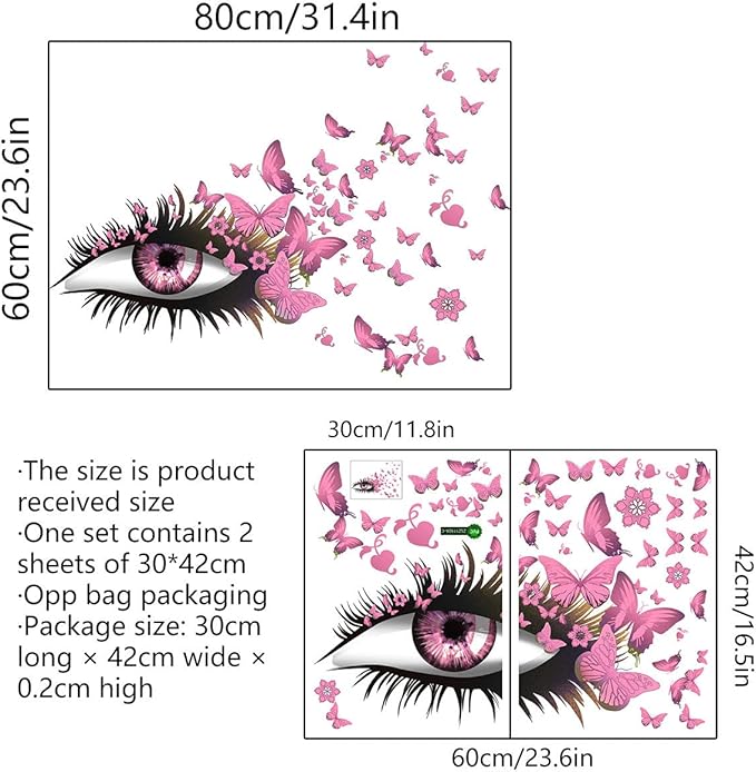 Pink Girl Eyes Wall Stickers Flying Butterfly Wall Decals Beautiful Girl Heart Wall Decor Vinyl Wall Art Butterflies Wall Decor Stickers for Women Girls Bedroom Living Room Decoration
