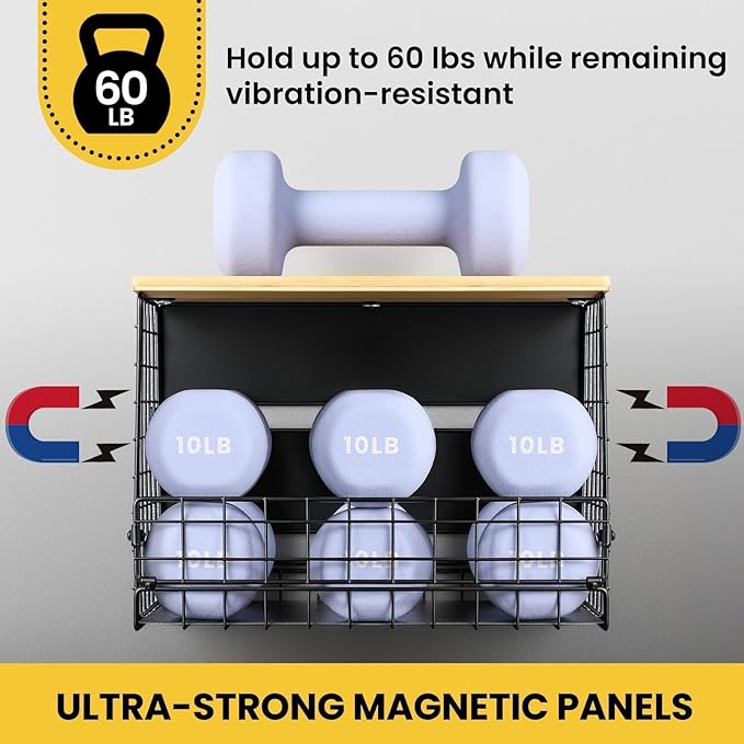 1 SET Strong Magnetic Shelf for Fridge with Tag & Bamboo Top, XXL Large Capacity Magnetic Spice Rack Shelves for Side of Refrigerator, Kitchen Pantry Storage Organizer, Multiuse Food Fruit Veg Baskets