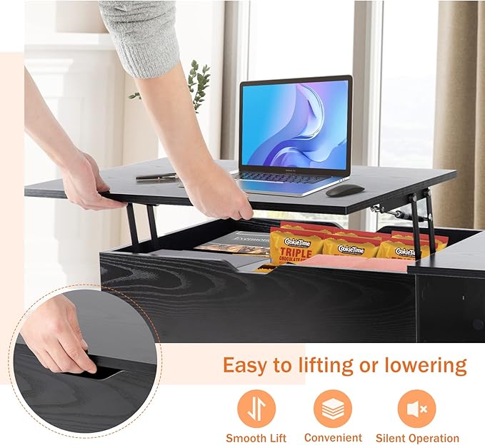 Sweetcrispy Coffee Table Black, Lift Top Coffee Tables for Living Room, Small Rising Wooden Dining Center Tables with Storage Shelf and Hidden Compartment