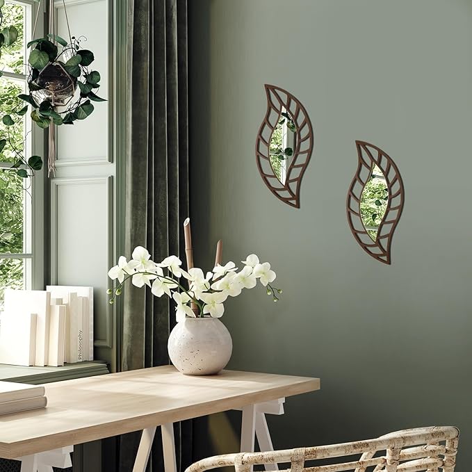 Roowest 2 Pcs Decorative Mirror Wall Decor Leaf Teardrop Mirror Wall Mounted Decorations for Living Room Bedroom Bathroom Vanity Entryway Office(Brown)