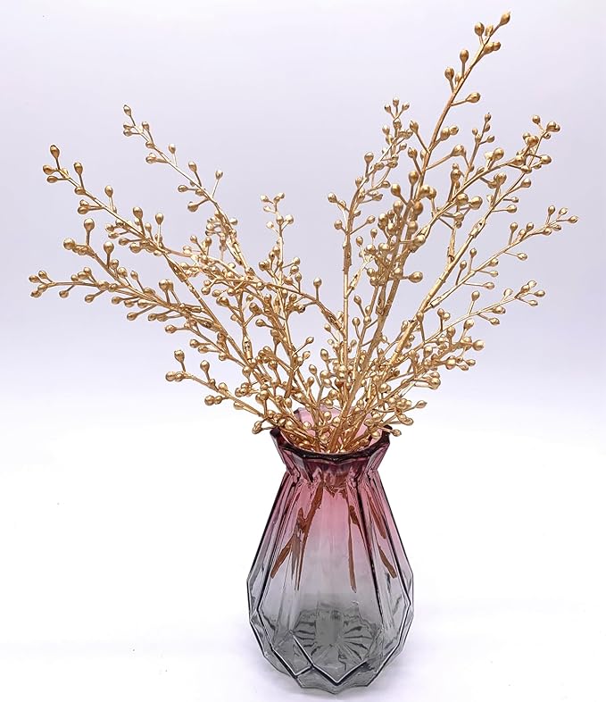 Artificial Golden Berry Stem Decor, Faux Glitter Flowers Stems Branches Plants Fake Berries Sticks Plant for Indoor Wedding Bouquet Party Wreath Crafts Gift Christmas Tree DIY Decoration - Gold 6 Pcs