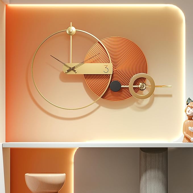 Wall Clock Large 39 Inch - Modern Orange Nordic Style, Battery Operated Silent Metal Decorative Clock for Living Room Bedroom Office House