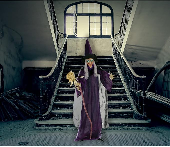 Haunted Hill Farm Life-Size Scary Talking Witch with Broomstick, Halloween Animatronic with Touch Activated Lights and Sound, Battery Operated Indoor or Covered Outdoor Halloween Decorations