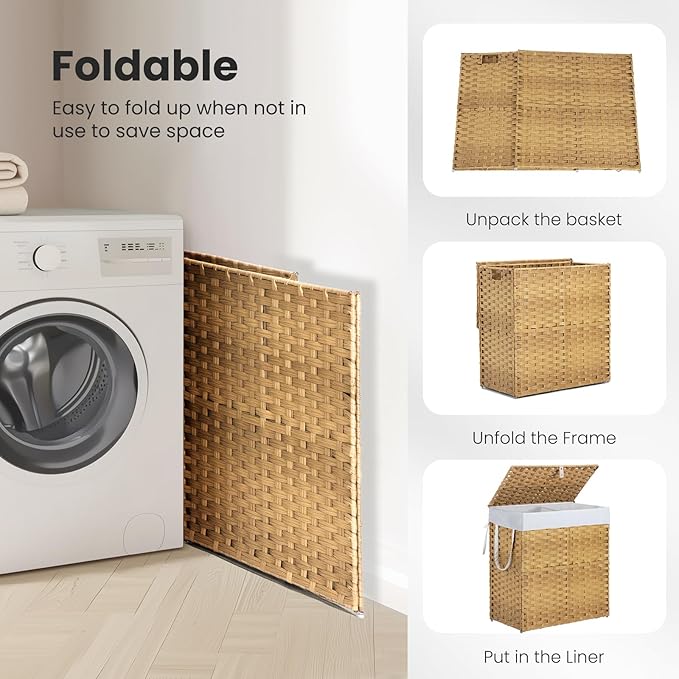 Sweetcrispy Foldable Laundry Hamper–Large Capacity Clothes Basket with Lid, 29.1 Gallon (110L) Bin for Bedroom, Bathroom, and Wash Room–Double Insert Storage Organizer, Goose Yellow