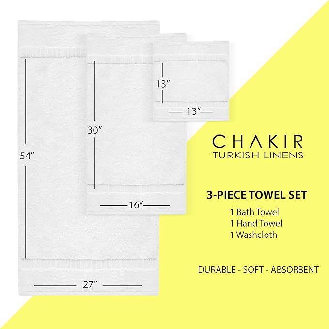 Chakir Turkish Linens | Hotel & Spa Quality 100% Cotton Premium Turkish Towels | Soft & Absorbent (Personalized 3-Piece Towel Set, White)