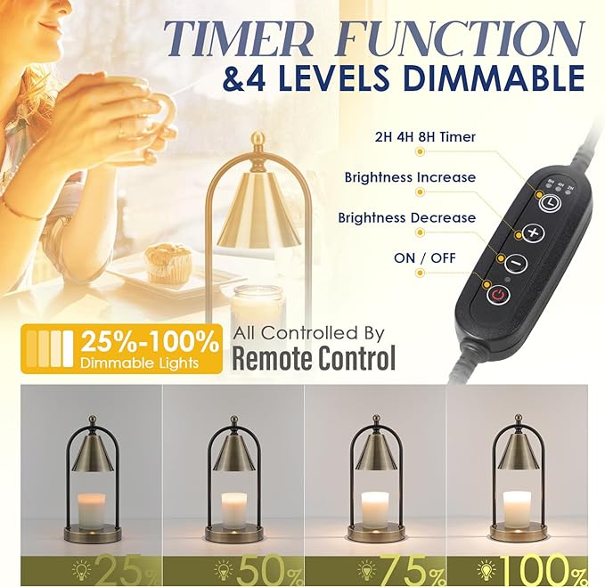 Soilsiu Candle Warmer Lamp with Timer, Electric Brass Candle Warmer Light for Bedroom, Dimmable Wax Melts Warmer for Candle Jars, Beside Lamp Gifts for Women Home Decor (2 Bulbs Included)