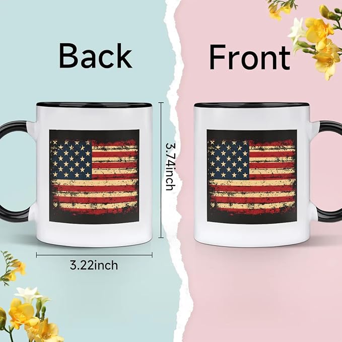 Mugs for Women, Coffee Cups Ceramic Mug, America Flag Vintage Black Tea Cups with Handle for Men, 11.2oz Ceramic Cup for Home Unique Coffee and Tea Mug Aesthetics