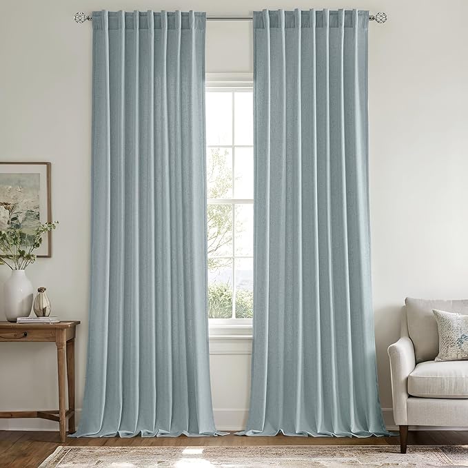 MIULEE Non-See-Through Privacy Linen Curtains 2 Panels, Light Filtering Window Curtains Farnhouse Textured Back Tab Semi Sheer Drapes for Bedroom Living Room, 52 x 90 Inches Long, Stone Blue