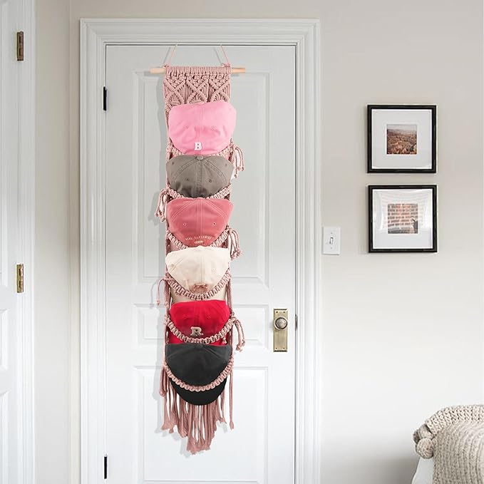 2PCS Macrame Cap Holder Boho Hat Hangers Over Door Decorative Bohemian Handmade Ball Cap Rack Organizer Woven Wall Hanging for Baseball Cap Display Decorations (Rose Pink, Up to 24 Caps)