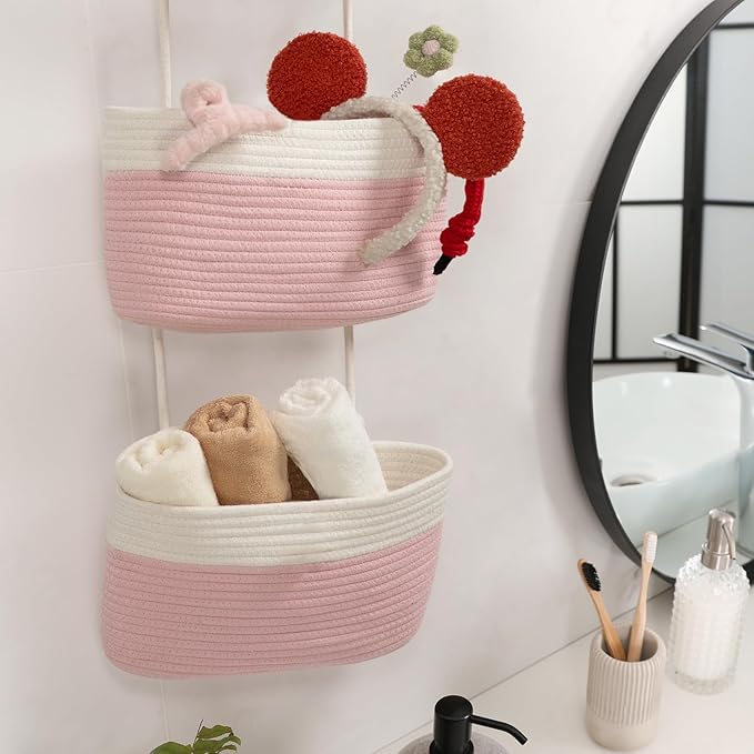 TeoKJ Over the Door Organizer, 3-Tier Woven Cotton Hanging Kitchen Baskets Storage Organizer Bag with Hooks Wall-Mounted Decorative Rope Baskets - Pink+White