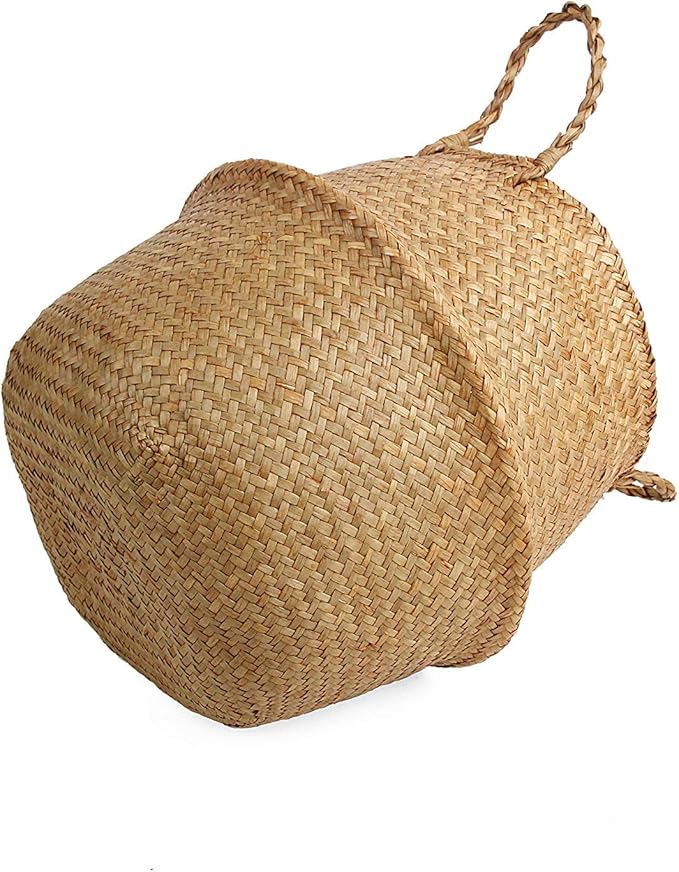 Woven Seagrass Wicker Basket with Handle - Planters for Indoor Plants, Storage & Picnic Basket Organizer, Garden Basket Fits 6-7 Inch Plant Pots & Groceries (Small, Original)