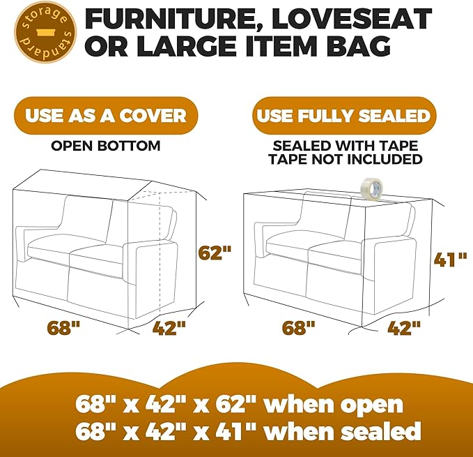 Plastic Furniture Covers for Moving - Heavy-Duty Loveseat Cover for Love Seat, Bench and Large Items, Clear Bags for Renovation, Wrap or Storage - Extra Large Bag Open Size 68 x 42 x 62 Inch