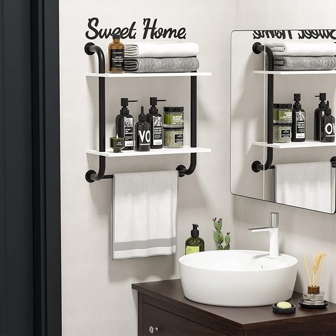 Bathroom Shelves Wall Mounted, Rustic Farmhouse Pipe Shelves 2-Tier, Floating Shelf Wall Decor for Bathroom, Kitchen, Bedroom, Living Room 17.3in White