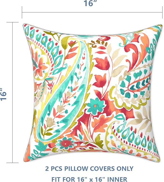 LVTXIII Outdoor Throw Pillow Covers Waterproof Tropic Accent Pillow Cases Fluffy Outdoor Cushion Covers for Garden and Patio Furniture Decoration, 16x16, 2 Pack, Pretty Paisley