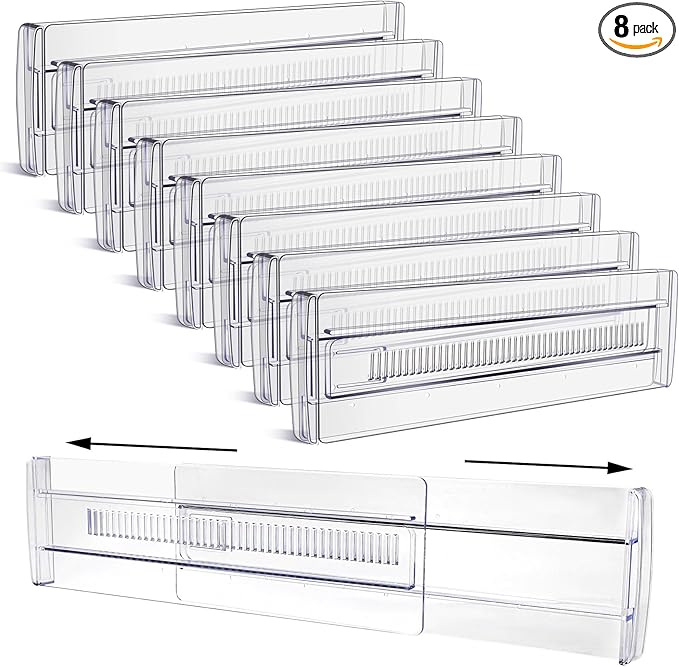 Drawer Dividers, 8 Pack Adjustable Drawer Organizers 3.2" High Expandable from 11.3-20" Clear Expandable Dresser Organizer for Clothes Kitchen Utensils Cutlery Drawer Organizers Set
