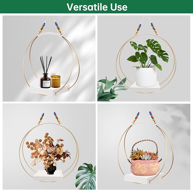 Hanging Planters for Indoor Plants,Plant Hanger with Sturdy Wood Base,Modern Boho Macrame Plant Hanger,Wall Ceiling Window Stands(Plants/Pots Not Included) (2 Pack/Gold+Macrame)