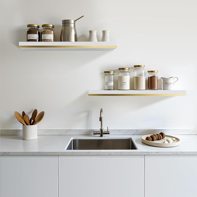 Gronda Floating Shelves for Wall, 23.6 Inch White Floating Shelves Modern Home Decor Hanging Storage Organizer with Invisible Bracket Wall Mount for Bedroom Living Room Bathroom Kitchen, Set of 2