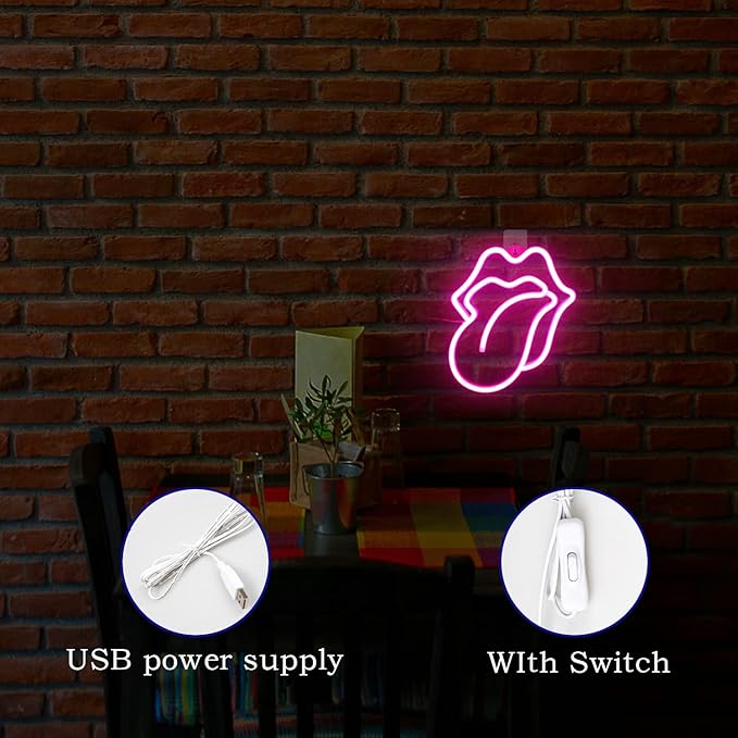 Gamerneon Lips Neon Sign LED Pink Lips Big Tongue Shaped Neon Signs for Wall Decor USB Neon Light Signs for Bedroom Bar Pub Hotel Christmas Wedding Party
