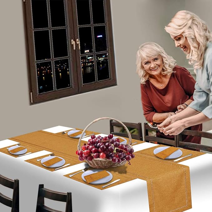 Grelucgo Handcrafted Solid Color Dining Table Runner, Dresser Scarf, Double-Hemstitched (Mustard Gold, 14 x 36)