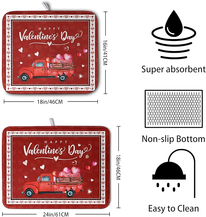 Happy Valentine's Day Dish Drying Mat for Kitchen Red Love Heart Truck Plaid Drying Mats Super Absorbent Dishes Drainer Pad Reversible Microfiber Dish Drying Rack Mat for Kitchen Counter 18x24 Inch