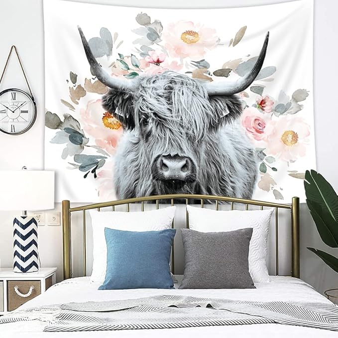 AMBZEK Highland Cow Tapestry Floral 51Hx59W Inch Western Country Wall Art Funny Tapestry Bull Cattle Rustic Farmhouse Wildlife Flowers Cute Animal Farm Wall Hanging Bedroom Living Room Decor Fabric