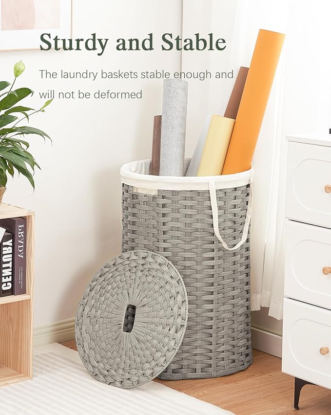 Large Laundry Hamper Laundry Basket Round 34.3 Gal (130 L) Handwoven Wicker Laundry Baskets Rattan Laundry Basket with Laundry Bag Handles 2 Mesh Bags for Living Room Bedroom Gray