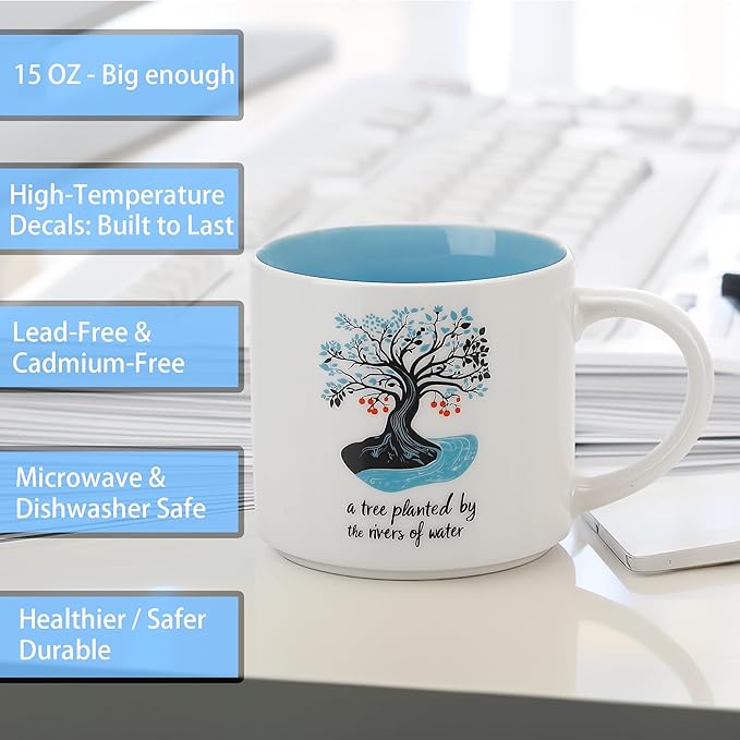 Christian Ceramic Coffee Mug with Psalm 1:3 - "A tree planted by the rivers of water Inspirational Floral Design, Faith-Based Gift for Friends & Loved Ones - 15 oz
