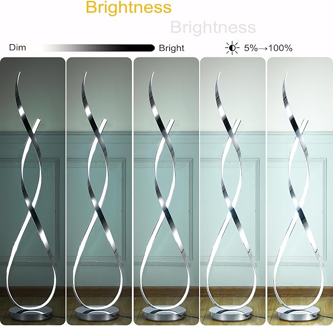 Chrome Spiral Floor Lamp, 54.3inch Tall LED Modern Standing Floor Lamp with Remote Control, 3 Color Dimmable 40W 4000LM Super Bright Floor Lamps for Living Room Bedroom