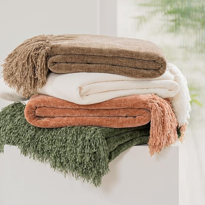 EVERGRACE Soft Chenille Throw Blanket for Couch, Cozy Plush Fuzzy Decorative Chenille Knit Throw Blanket with Tassels, Lightweight Blanket and Throws for Bed Sofa Gift Home Decor, Olive Green 60"x80"