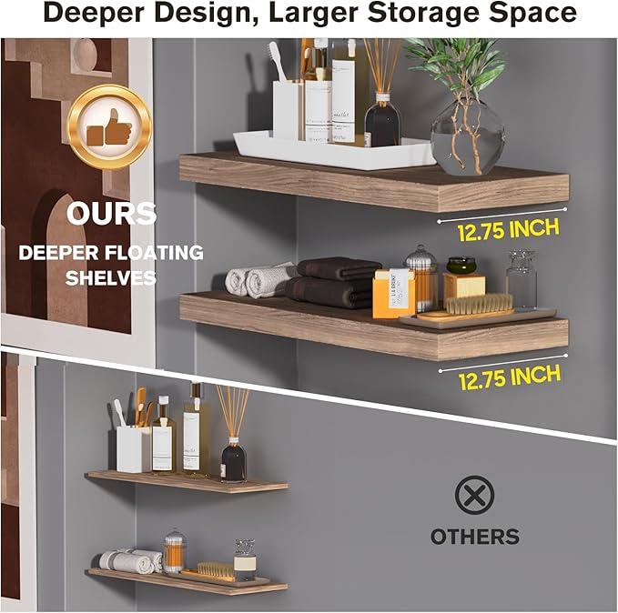 Floating Shelf, Set of 1 Wall Shelf, 36 in W x 12.75 in D x 2 in H Wooden Floating Wall Shelf with Invisible Brackets for Living Room/Bedroom/Bathroom/Kitchen Storage and Decor, Walnut