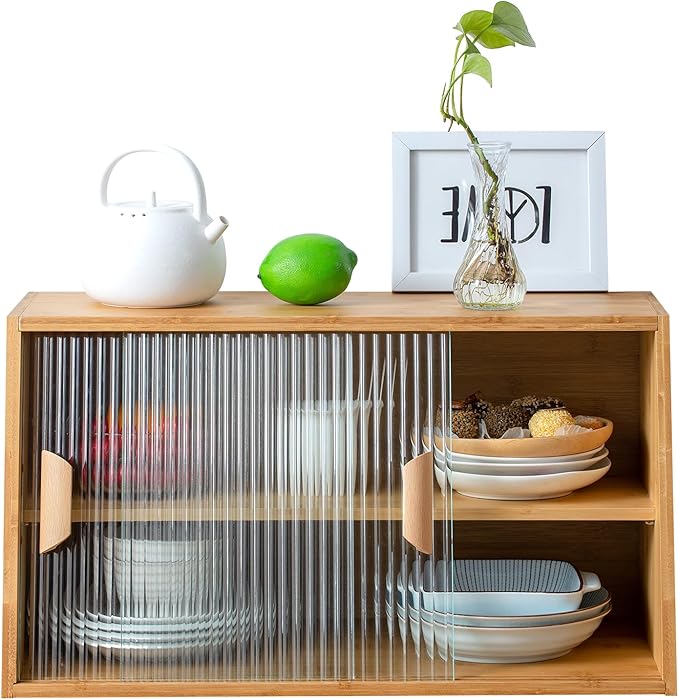 HollyHOME Small Bamboo Kitchen Pantry Sideboard with 2 Sliding Striped Glass Doors, Freestanding Countertop Storage Cabinet for Bottles, Dish, Bowl, Console Dining Cupboard, Burlywood
