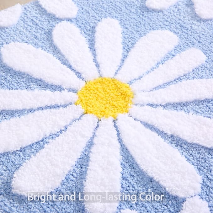 QJHOMO Blue Bathroom Rugs Cute Daisy Bath Mat White and Yellow Flower Decor Rug Non Slip Floor Carpet Microfiber Bathmat Super Absorbent Machine Washable Bathtub Mats for Shower (24x36 inch)
