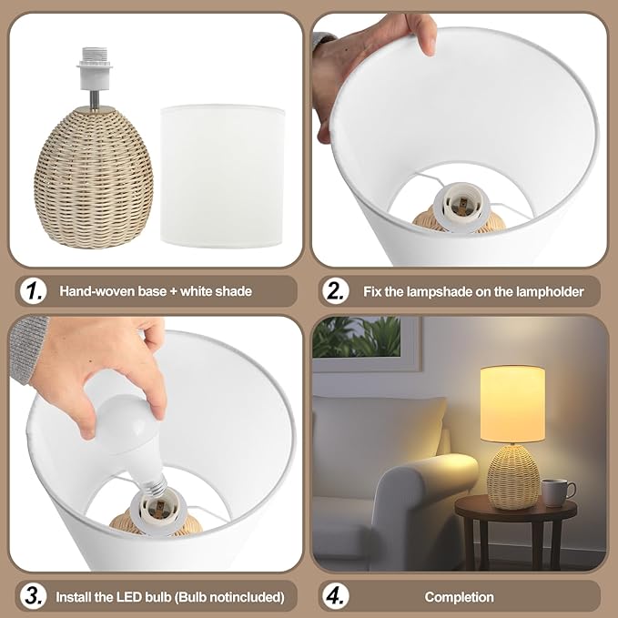 Boho Rattan Table Lamp Bedside - 3 Color Temperature Handmade Bamboo Woven Lamp for Nightstand Living Room (Original Color, 1 Pack)